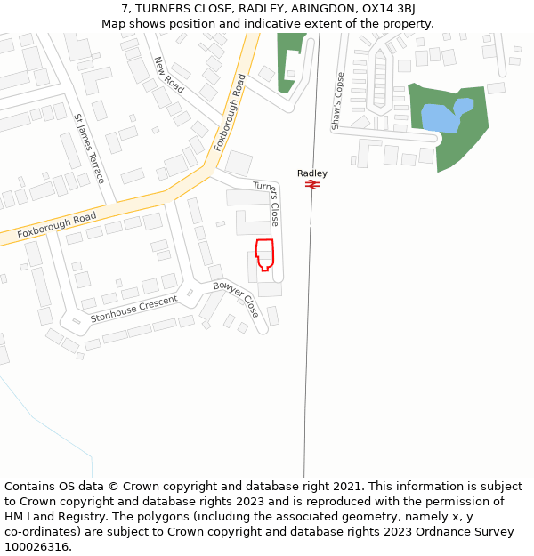 7, TURNERS CLOSE, RADLEY, ABINGDON, OX14 3BJ: Location map and indicative extent of plot