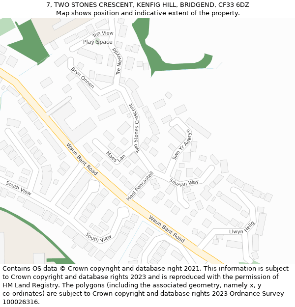 7, TWO STONES CRESCENT, KENFIG HILL, BRIDGEND, CF33 6DZ: Location map and indicative extent of plot