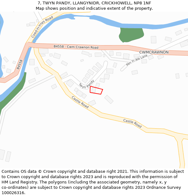 7, TWYN PANDY, LLANGYNIDR, CRICKHOWELL, NP8 1NF: Location map and indicative extent of plot