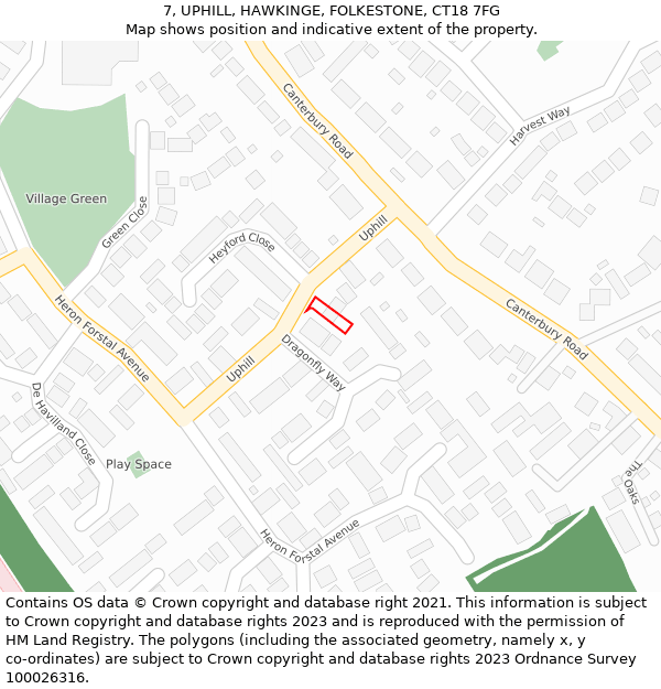 7, UPHILL, HAWKINGE, FOLKESTONE, CT18 7FG: Location map and indicative extent of plot