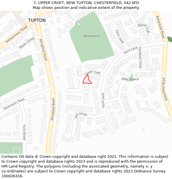 7, UPPER CROFT, NEW TUPTON, CHESTERFIELD, S42 6FD: Location map and indicative extent of plot