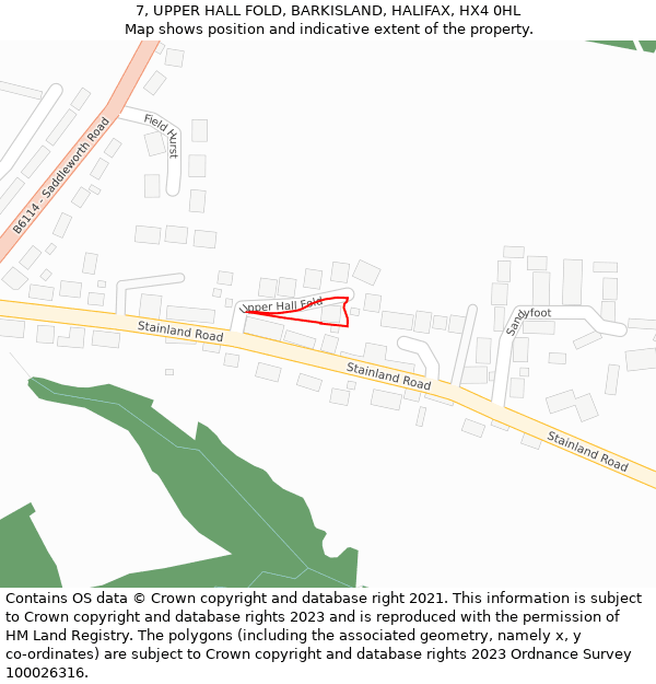 7, UPPER HALL FOLD, BARKISLAND, HALIFAX, HX4 0HL: Location map and indicative extent of plot