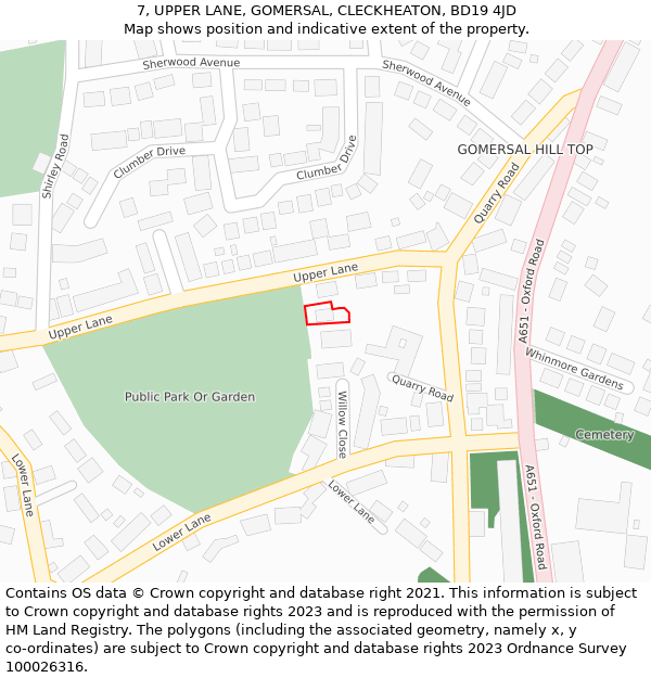 7, UPPER LANE, GOMERSAL, CLECKHEATON, BD19 4JD: Location map and indicative extent of plot