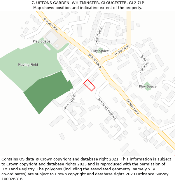 7, UPTONS GARDEN, WHITMINSTER, GLOUCESTER, GL2 7LP: Location map and indicative extent of plot
