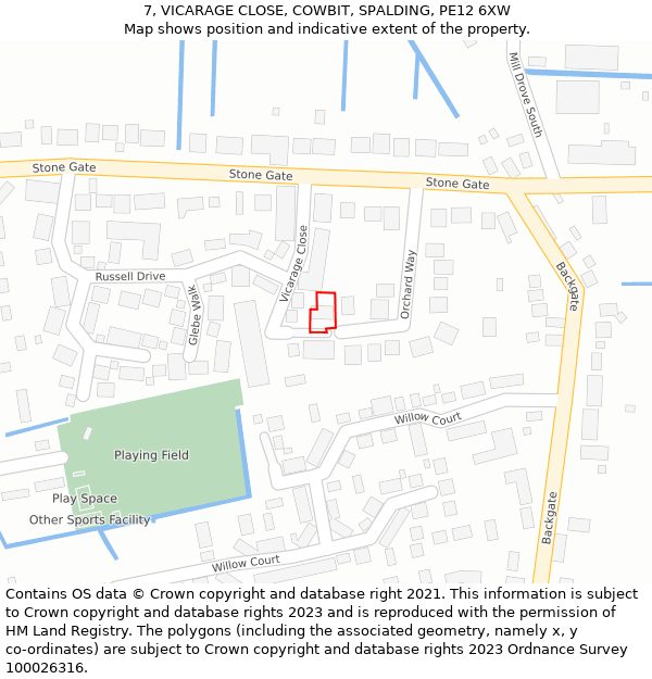 7, VICARAGE CLOSE, COWBIT, SPALDING, PE12 6XW: Location map and indicative extent of plot