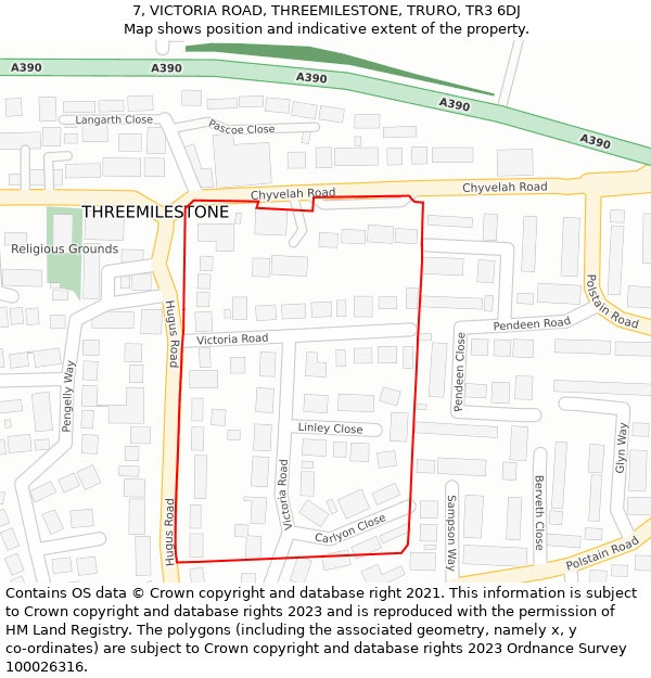 7, VICTORIA ROAD, THREEMILESTONE, TRURO, TR3 6DJ: Location map and indicative extent of plot