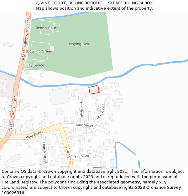 7, VINE COURT, BILLINGBOROUGH, SLEAFORD, NG34 0QX: Location map and indicative extent of plot