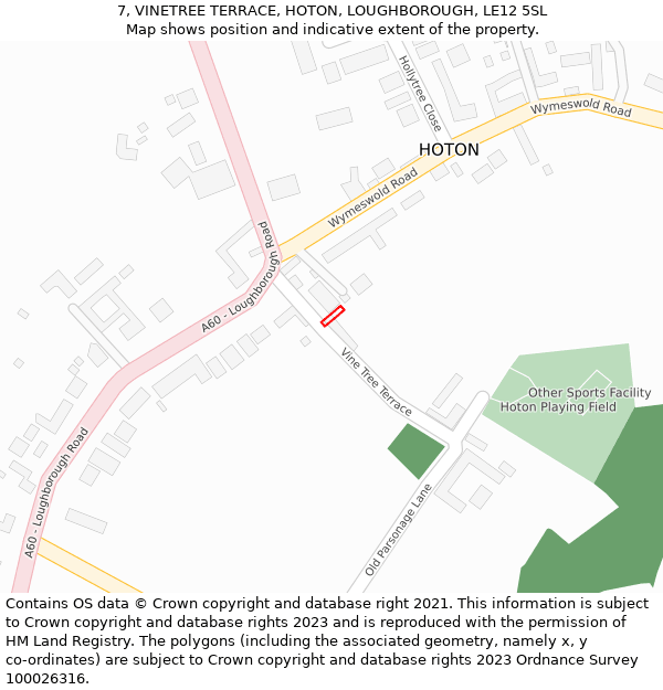 7, VINETREE TERRACE, HOTON, LOUGHBOROUGH, LE12 5SL: Location map and indicative extent of plot