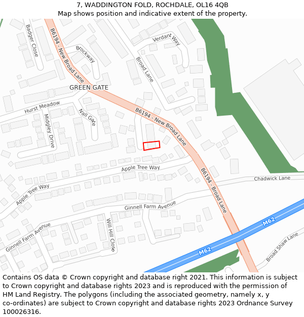 7, WADDINGTON FOLD, ROCHDALE, OL16 4QB: Location map and indicative extent of plot