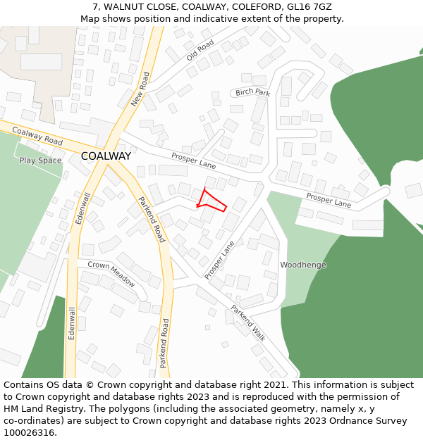 7, WALNUT CLOSE, COALWAY, COLEFORD, GL16 7GZ: Location map and indicative extent of plot