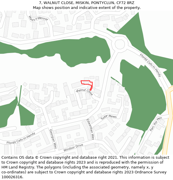 7, WALNUT CLOSE, MISKIN, PONTYCLUN, CF72 8RZ: Location map and indicative extent of plot