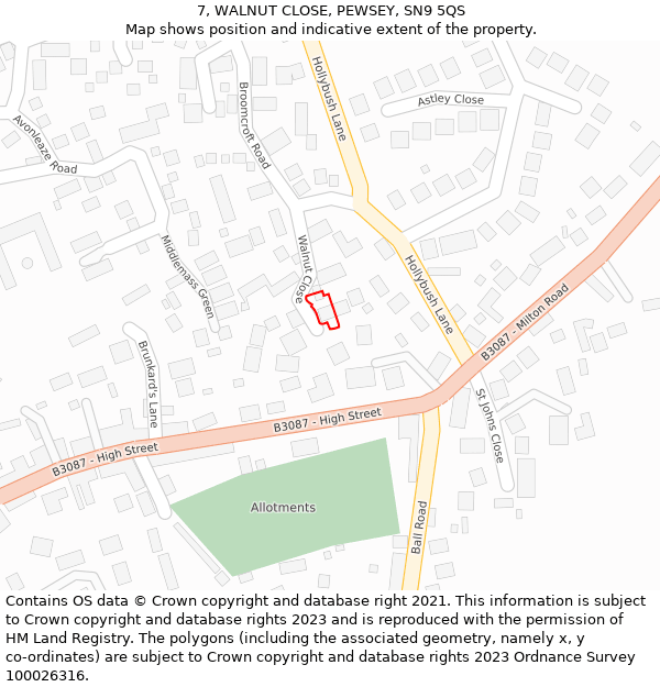 7, WALNUT CLOSE, PEWSEY, SN9 5QS: Location map and indicative extent of plot