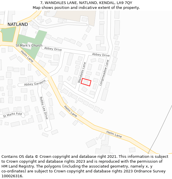 7, WANDALES LANE, NATLAND, KENDAL, LA9 7QY: Location map and indicative extent of plot