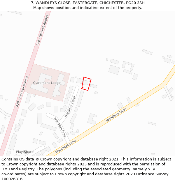 7, WANDLEYS CLOSE, EASTERGATE, CHICHESTER, PO20 3SH: Location map and indicative extent of plot
