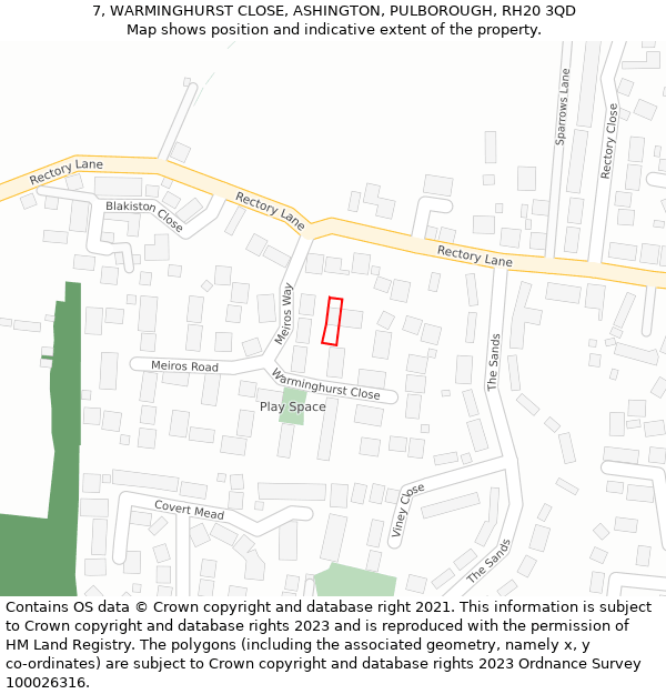 7, WARMINGHURST CLOSE, ASHINGTON, PULBOROUGH, RH20 3QD: Location map and indicative extent of plot