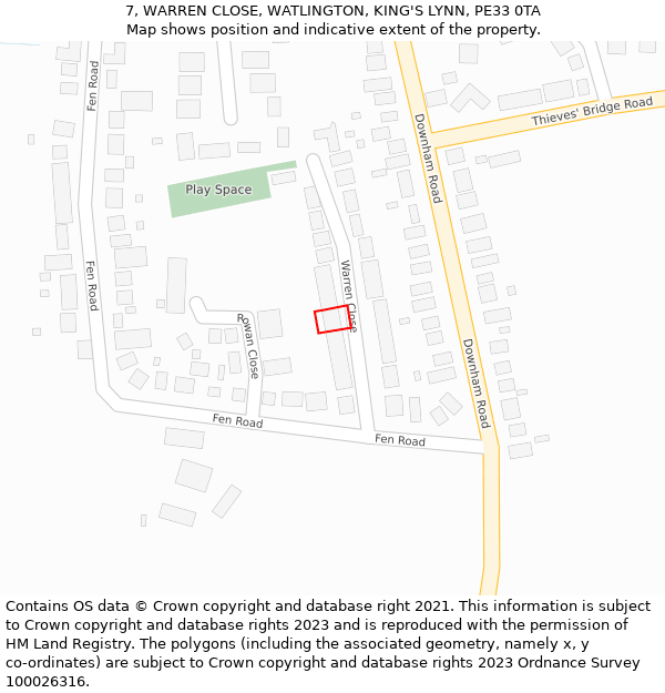 7, WARREN CLOSE, WATLINGTON, KING'S LYNN, PE33 0TA: Location map and indicative extent of plot