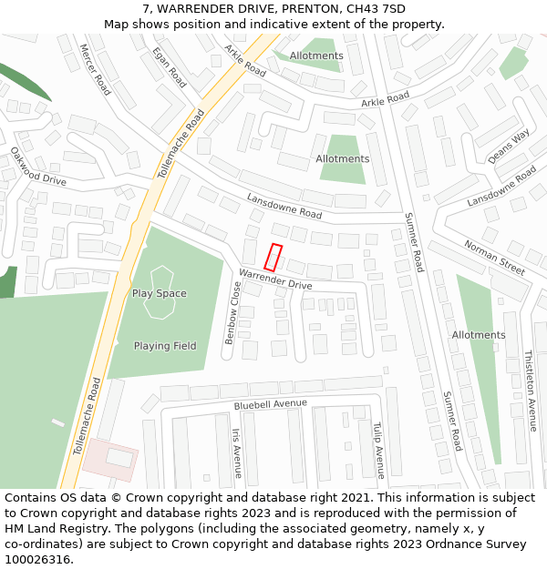 7, WARRENDER DRIVE, PRENTON, CH43 7SD: Location map and indicative extent of plot