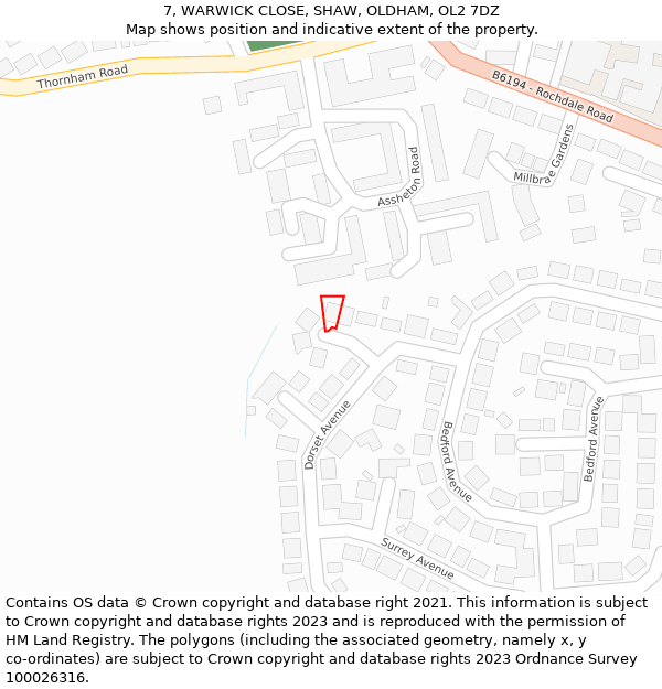 7, WARWICK CLOSE, SHAW, OLDHAM, OL2 7DZ: Location map and indicative extent of plot