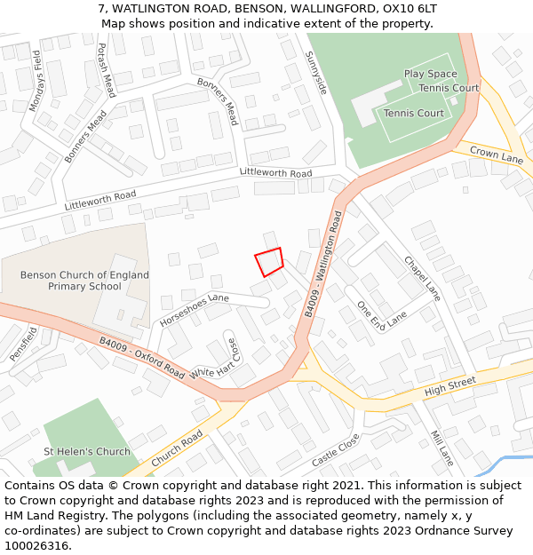 7, WATLINGTON ROAD, BENSON, WALLINGFORD, OX10 6LT: Location map and indicative extent of plot