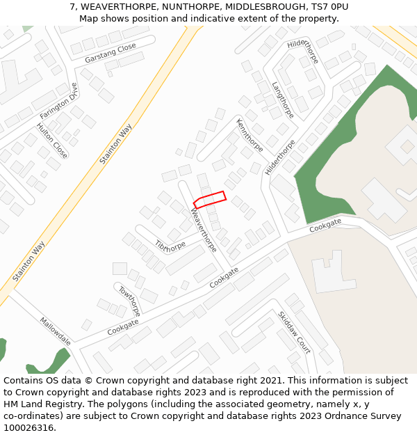 7, WEAVERTHORPE, NUNTHORPE, MIDDLESBROUGH, TS7 0PU: Location map and indicative extent of plot