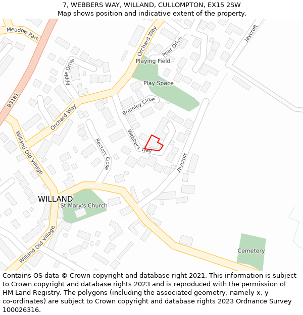 7, WEBBERS WAY, WILLAND, CULLOMPTON, EX15 2SW: Location map and indicative extent of plot