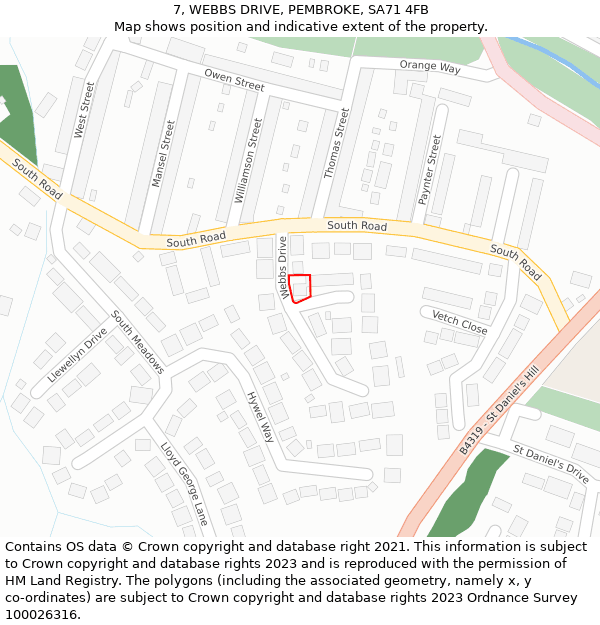7, WEBBS DRIVE, PEMBROKE, SA71 4FB: Location map and indicative extent of plot