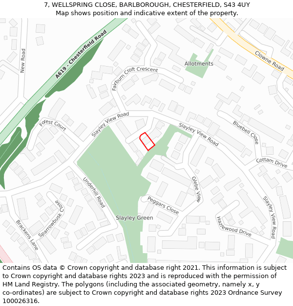 7, WELLSPRING CLOSE, BARLBOROUGH, CHESTERFIELD, S43 4UY: Location map and indicative extent of plot