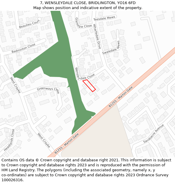 7, WENSLEYDALE CLOSE, BRIDLINGTON, YO16 6FD: Location map and indicative extent of plot