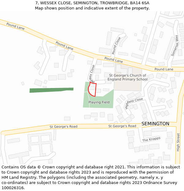 7, WESSEX CLOSE, SEMINGTON, TROWBRIDGE, BA14 6SA: Location map and indicative extent of plot