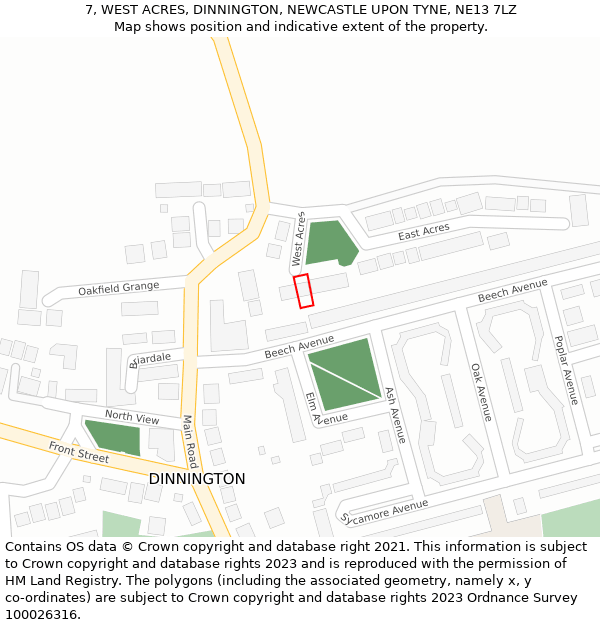 7, WEST ACRES, DINNINGTON, NEWCASTLE UPON TYNE, NE13 7LZ: Location map and indicative extent of plot