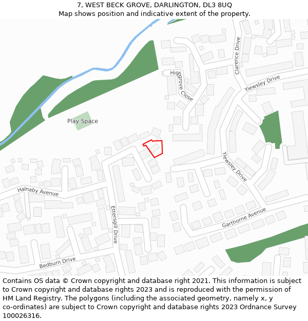 7, WEST BECK GROVE, DARLINGTON, DL3 8UQ: Location map and indicative extent of plot
