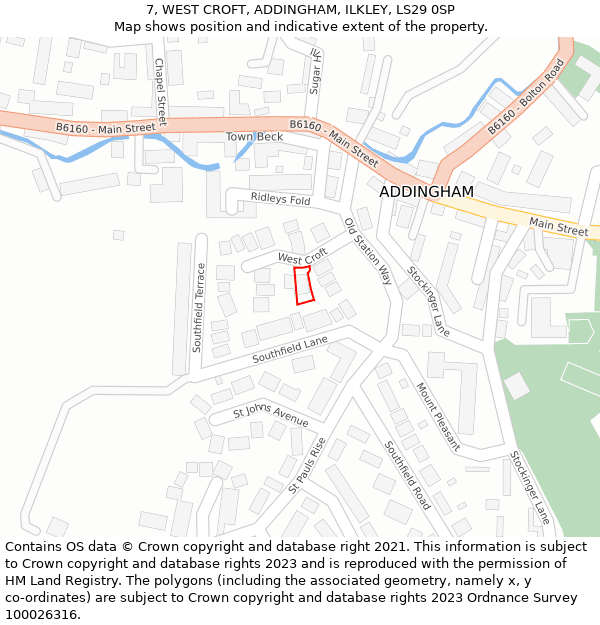 7, WEST CROFT, ADDINGHAM, ILKLEY, LS29 0SP: Location map and indicative extent of plot