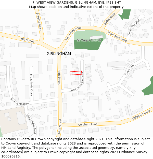 7, WEST VIEW GARDENS, GISLINGHAM, EYE, IP23 8HT: Location map and indicative extent of plot