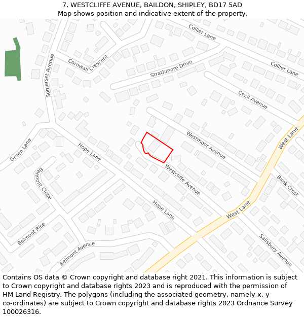 7, WESTCLIFFE AVENUE, BAILDON, SHIPLEY, BD17 5AD: Location map and indicative extent of plot