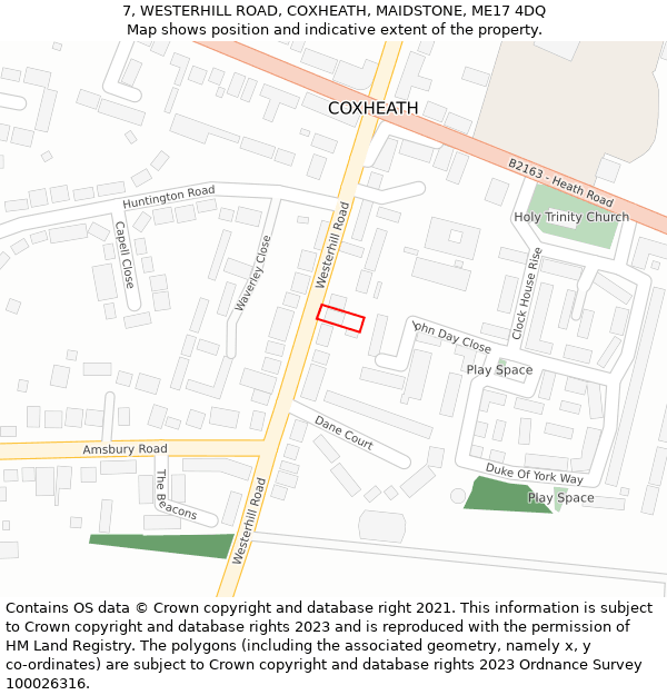 7, WESTERHILL ROAD, COXHEATH, MAIDSTONE, ME17 4DQ: Location map and indicative extent of plot