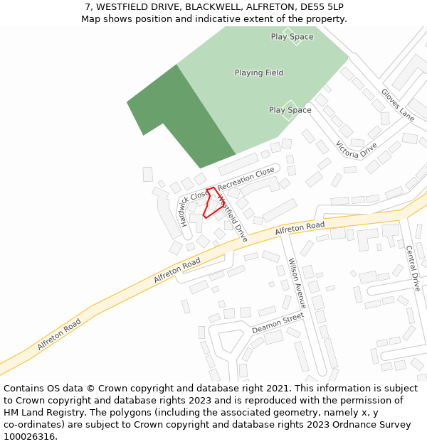 7, WESTFIELD DRIVE, BLACKWELL, ALFRETON, DE55 5LP: Location map and indicative extent of plot