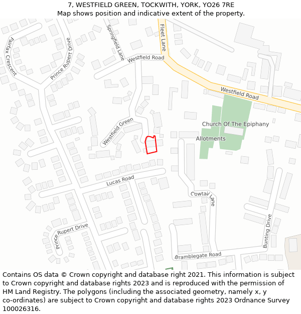 7, WESTFIELD GREEN, TOCKWITH, YORK, YO26 7RE: Location map and indicative extent of plot