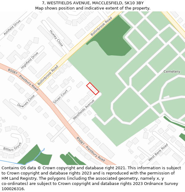 7, WESTFIELDS AVENUE, MACCLESFIELD, SK10 3BY: Location map and indicative extent of plot