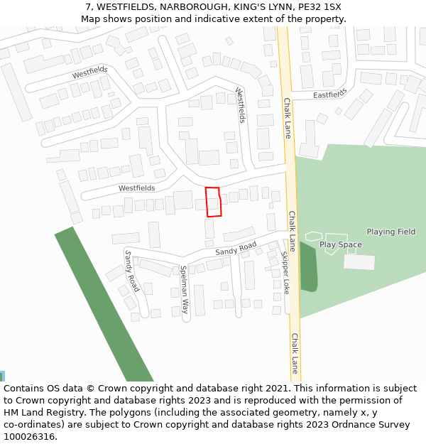 7, WESTFIELDS, NARBOROUGH, KING'S LYNN, PE32 1SX: Location map and indicative extent of plot
