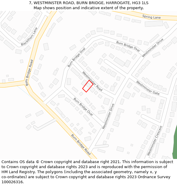 7, WESTMINSTER ROAD, BURN BRIDGE, HARROGATE, HG3 1LS: Location map and indicative extent of plot