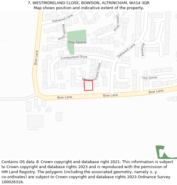 7, WESTMORELAND CLOSE, BOWDON, ALTRINCHAM, WA14 3QR: Location map and indicative extent of plot