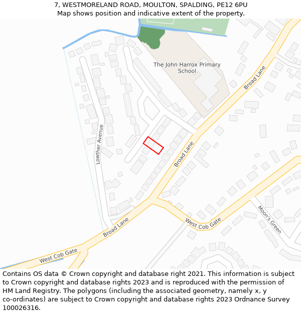 7, WESTMORELAND ROAD, MOULTON, SPALDING, PE12 6PU: Location map and indicative extent of plot