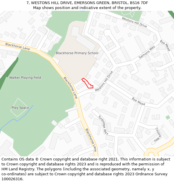 7, WESTONS HILL DRIVE, EMERSONS GREEN, BRISTOL, BS16 7DF: Location map and indicative extent of plot