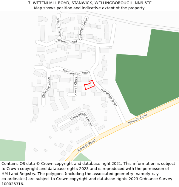 7, WETENHALL ROAD, STANWICK, WELLINGBOROUGH, NN9 6TE: Location map and indicative extent of plot