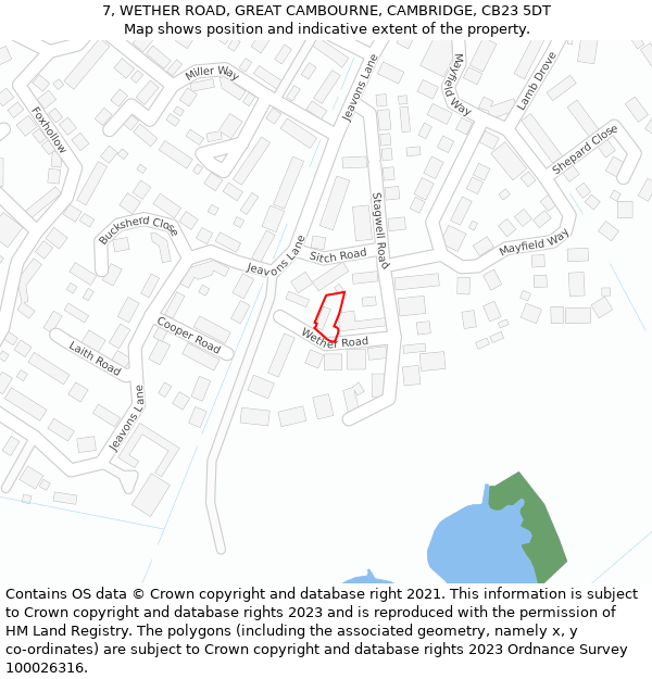 7, WETHER ROAD, GREAT CAMBOURNE, CAMBRIDGE, CB23 5DT: Location map and indicative extent of plot