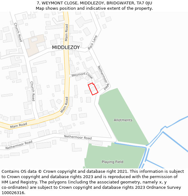 7, WEYMONT CLOSE, MIDDLEZOY, BRIDGWATER, TA7 0JU: Location map and indicative extent of plot