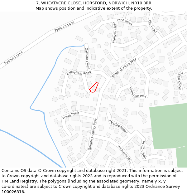 7, WHEATACRE CLOSE, HORSFORD, NORWICH, NR10 3RR: Location map and indicative extent of plot