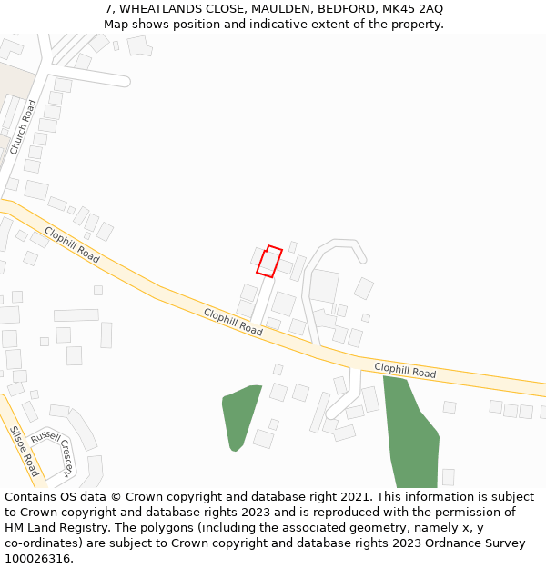 7, WHEATLANDS CLOSE, MAULDEN, BEDFORD, MK45 2AQ: Location map and indicative extent of plot