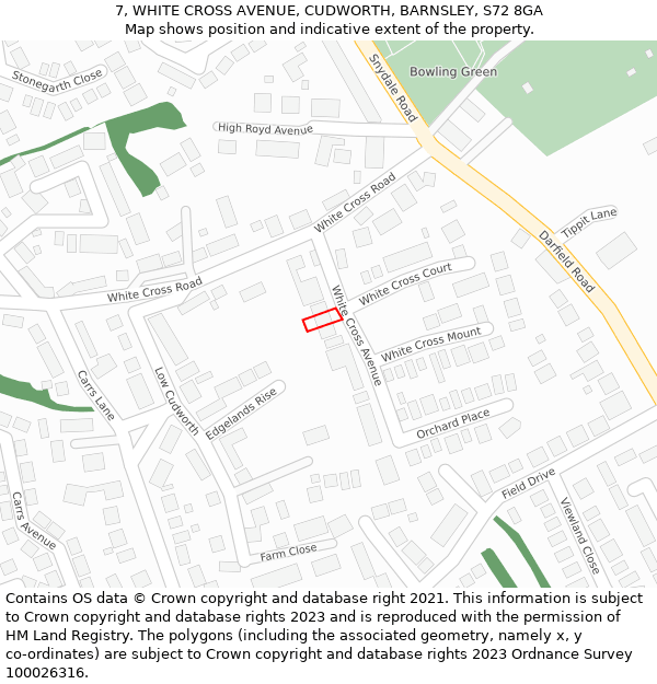 7, WHITE CROSS AVENUE, CUDWORTH, BARNSLEY, S72 8GA: Location map and indicative extent of plot