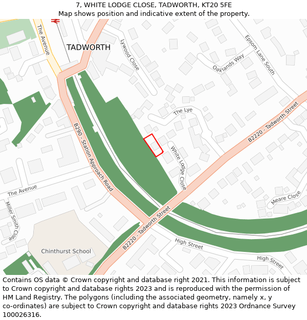 7, WHITE LODGE CLOSE, TADWORTH, KT20 5FE: Location map and indicative extent of plot